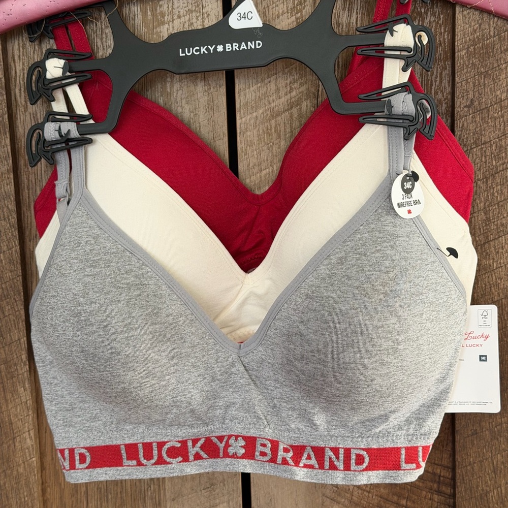 Lucky Brand 34C Bra Set of 3 NWT Gray, Red, Cream